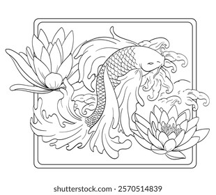 Vector coloring page with koi fish and lotus flower. Antistress coloring book for adult, for meditation and relax. Black and white pattern on a white background. Adult anti stress coloring book page