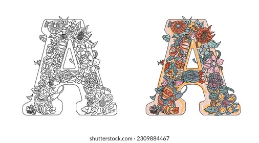 Vector coloring page with letter A. Letter a coloring book for adults 