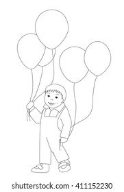 Vector coloring page. Little boy with balloons.