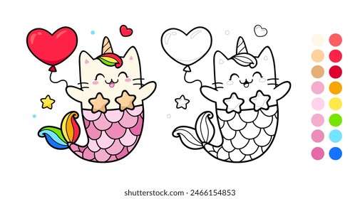 Vector coloring page with Mermaid Cat Unicorn hold heart balloon. Cute Kawaii Kitten Unicorn for coloring page template with color palette. Coloring book for kids. Cartoon rainbow Mermaid unicorn