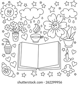 Vector coloring page,  notebook with flowers, sweets, car, sun and clouds.