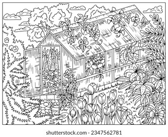 Vector coloring page with plants, flowers and vegetables in greenhouse in the beautiful garden. Black and white line art illustration with summer concept and symbols. 