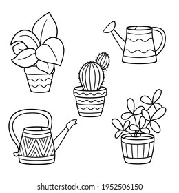 Vector coloring page with potted houseplants and watering cans