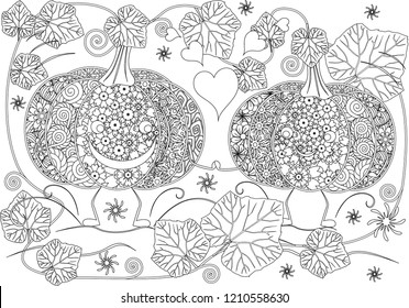 Vector coloring page with 
pumpkin and plants in doodle style for adult anti-stress book
