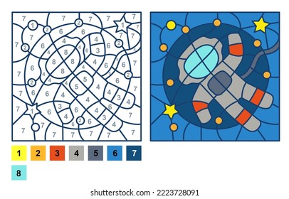 Vector coloring page, Puzzle game, Color by number astronaut in space