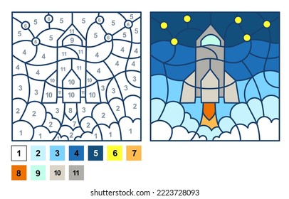 Vector coloring page, Puzzle game, Color by number rocket, shuttle, spaceship