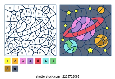 Vector coloring page, Puzzle game, Color by number galaxy space and planets