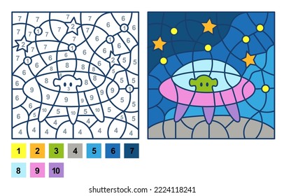 Página de coloreado de vectores, juego de rompecabezas, Color por número OVNI alienígena