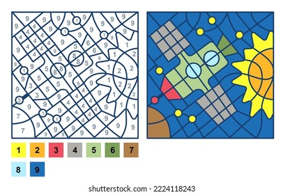 Vector coloring page, Puzzle game, Color by number satellite, space station and galaxy space