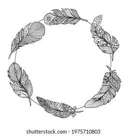 Vector coloring page with a round frame of abstract feathers, for children and adults, zenart