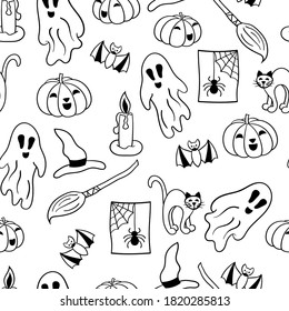 Vector coloring page. Seamless pattern with doodle set for Halloween with ghosts, hat, pumpkins, broom, bat, cat, spider, candle