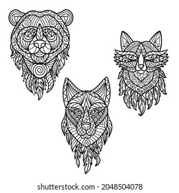 Vector coloring page with a set of abstract forest animals: bear, wolf, fox with patterns in ethnic style, zen art