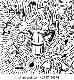 Vector Coloring Page Stove-top Neapolitan Italian Coffee Maker With Cofee Drops, Espresso Cups And Coffee Beans Around, Good For Packaging, Covers