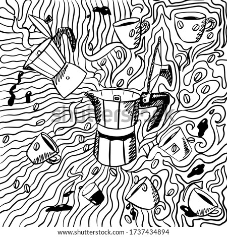 vector coloring page stove-top neapolitan italian coffee maker with cofee drops, espresso cups and coffee beans around, good for packaging, covers
