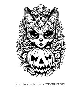 
Vector coloring page or symbol or tattoo for Halloween. Santa muerte cat with flowers and pumpkin. 