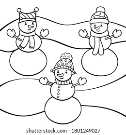 Vector coloring page with three cute snowmen in hats