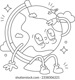 Vector coloring page trendy cartoon illustration cute globe earth planet back to school school time