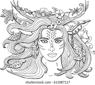 Vector coloring pages for adults ornament beautiful fantasy girl deer with antlers. The spirit of spring, nature and forest.