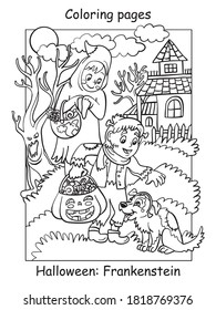 Vector coloring pages children in costumes of ghost and frankenstein patted the dog. Halloween concept. Cartoon illustration isolated on white. Coloring book for children, preschool education, print.