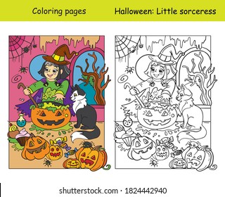 Vector coloring pages with colored example little witch cooks a pot of potion. Cartoon Halloween illustration. Coloring book for children, preschool education, print and game.