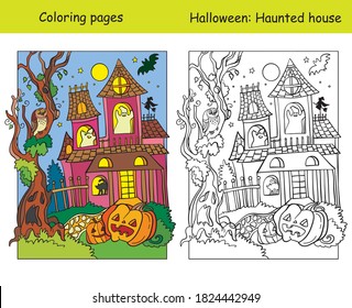Vector coloring pages with colored example haunted house. Halloween concept. Cartoon contour illustration isolated on white background. Coloring book for children, preschool education, print and game.