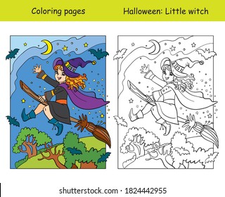 Vector coloring pages with colored example little witch flying on broom. Cartoon Halloween illustration. Coloring book for children, preschool education, print and game.