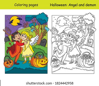 Vector coloring pages with colored example children in costumes of angel and demon hug. Cartoon contour Halloween illustration. Coloring book for children, preschool education, print and game.