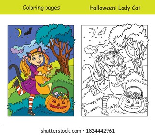 Vector coloring pages with colored example girl in a cat costume holds a cat. Cartoon illustration Halloween concept. Coloring book for children, preschool education, print and game.