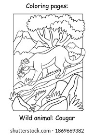 Vector coloring pages cougar walking on a tree in mountain area. Cartoon illustration isolated on white background. For coloring book, preschool education, print and game.