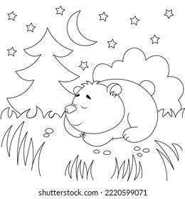 Vector coloring pages with cute bear sleeping at night under a bush in a forest in a clearing. Cartoon contour illustration isolated on white background. Stock illustration for coloring book, preschoo