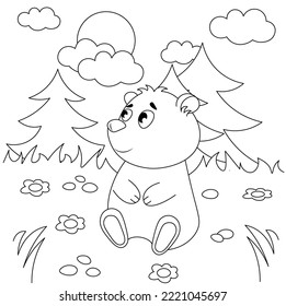 Vector coloring pages with cute bear sits on a clearing in the forest. Cartoon contour illustration isolated on white background. Stock illustration for coloring book, preschool education, print and g