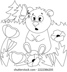 Vector coloring pages with cute bear sits in a meadow with poppies in the woods with a butterfly on his head. Cartoon contour illustration isolated on white background