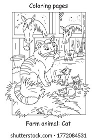 Vector coloring pages with cute cat and little kittens on the farm. Cartoon contour illustration isolated on white background. Stock illustration for coloring book, preschool education, print and game