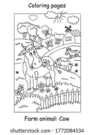 Vector coloring pages with cute cow gracing on the farm meadow. Cartoon contour illustration isolated on white background. Stock illustration for coloring book, preschool education, print and game. 
