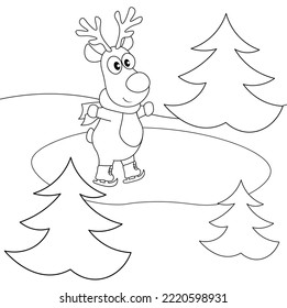 Vector coloring pages with cute deer in a scarf and skating on a skating rink. Cartoon contour illustration isolated on white background. Stock illustration for coloring book, preschool education, pri