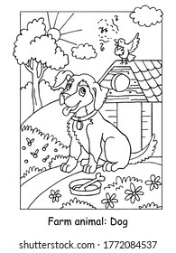 Vector coloring pages with cute dog listening a song of a bird. Cartoon contour illustration isolated on white background. Stock illustration for coloring book, preschool education, print and game. 