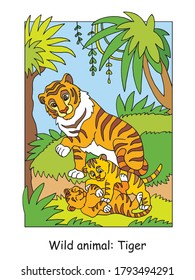 Vektorfarbseiten mit süßer Tigerfamilie im Wald. Cartoon einzeln bunte Illustration. Stockillustration für Design, Farbbuch, Vorschulunterricht, Druck und Spiel. 
