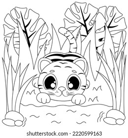 Vector coloring pages with cute tiger cub at the waterhole. Cartoon contour illustration isolated on white background. Stock illustration for coloring book, preschool education, print and game.