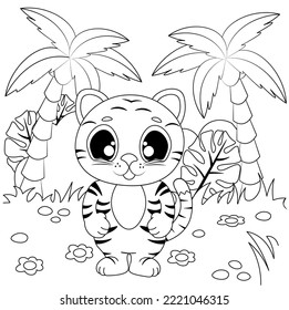 Vector coloring pages with cute tiger cub at the jungle. Cartoon contour illustration isolated on white background. Stock illustration for coloring book, preschool education, print and game
