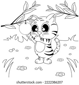 Vector coloring pages with cute tiger cub at the junglereaching for an orange. Cartoon contour illustration isolated on white background