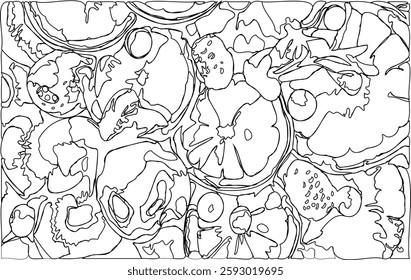 Vector coloring pages of fresh and healthy fruit collection seen from above, for adults, good for relieving fatigue, practicing coloring, abstract style design, hand-drawn illustrations