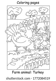 Vector coloring pages with funny angry turkey walking on the farm. Cartoon contour illustration isolated on white background. Stock illustration for coloring book, preschool education, print and game 