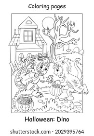 Vector coloring pages funny boys in dinosaur costume. Halloween concept. Cartoon contour illustration isolated on white background. Coloring book for children, preschool education, print and game.