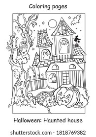 Vector coloring pages funny haunted house with pumpkin. Halloween concept. Cartoon contour illustration isolated on white background. Coloring book for children, preschool education, print and game.