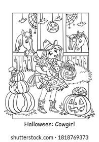 Vector coloring pages girl in costume of cowgirl in the stable. Halloween concept. Cartoon contour illustration isolated on white. Coloring book for children, preschool education, print and game.