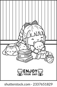 a vector of coloring pages of a girl hugging a cat 