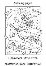 Vector coloring pages little witch flying on broom. Halloween concept. Cartoon contour illustration isolated on white background. Coloring book for children, preschool education, print and game.