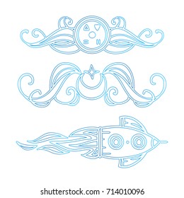 Vector coloring pages. Lovely space theme symbols. Abstract symbol of the Sun, Moon and spaceship. Blue outline art