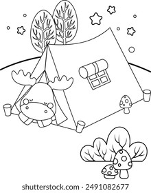 a vector coloring pages of a moose sleeping on a tent 