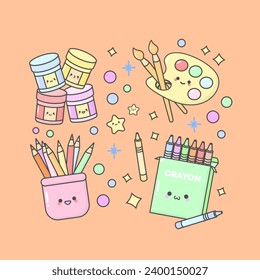 Vector Coloring Paint Pencil Pallette Crayon with cute facial expressions and pastel colour